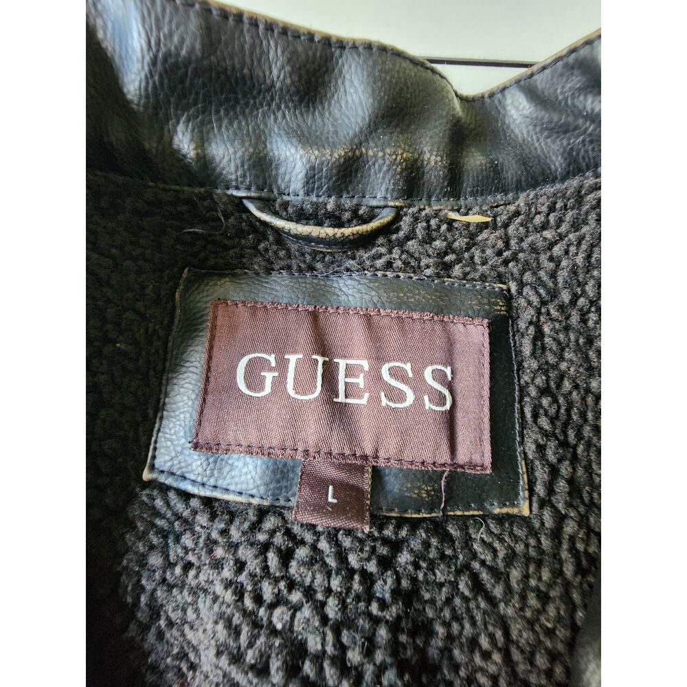 Vintage Guess‎ Faux Leather Bomber Jacket Mens Large Distressed Brown - Picture 3 of 7